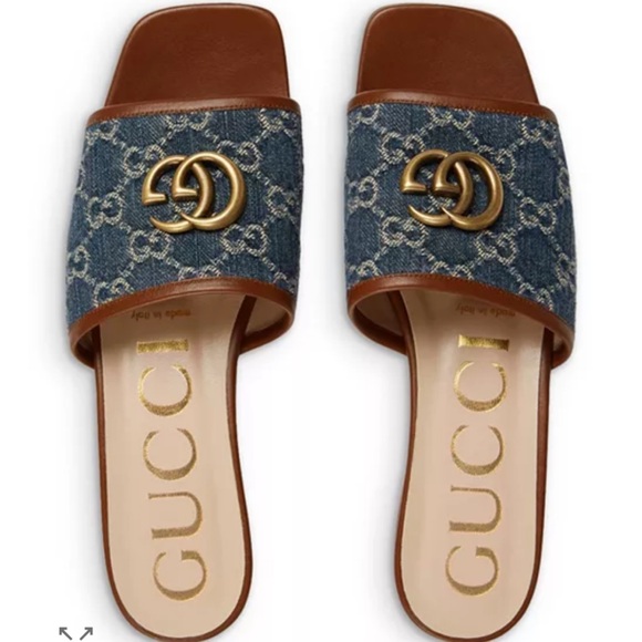 Gucci Jolie Sandals: Denim and Brown GG Slide Sandals - Picture 4 of 7